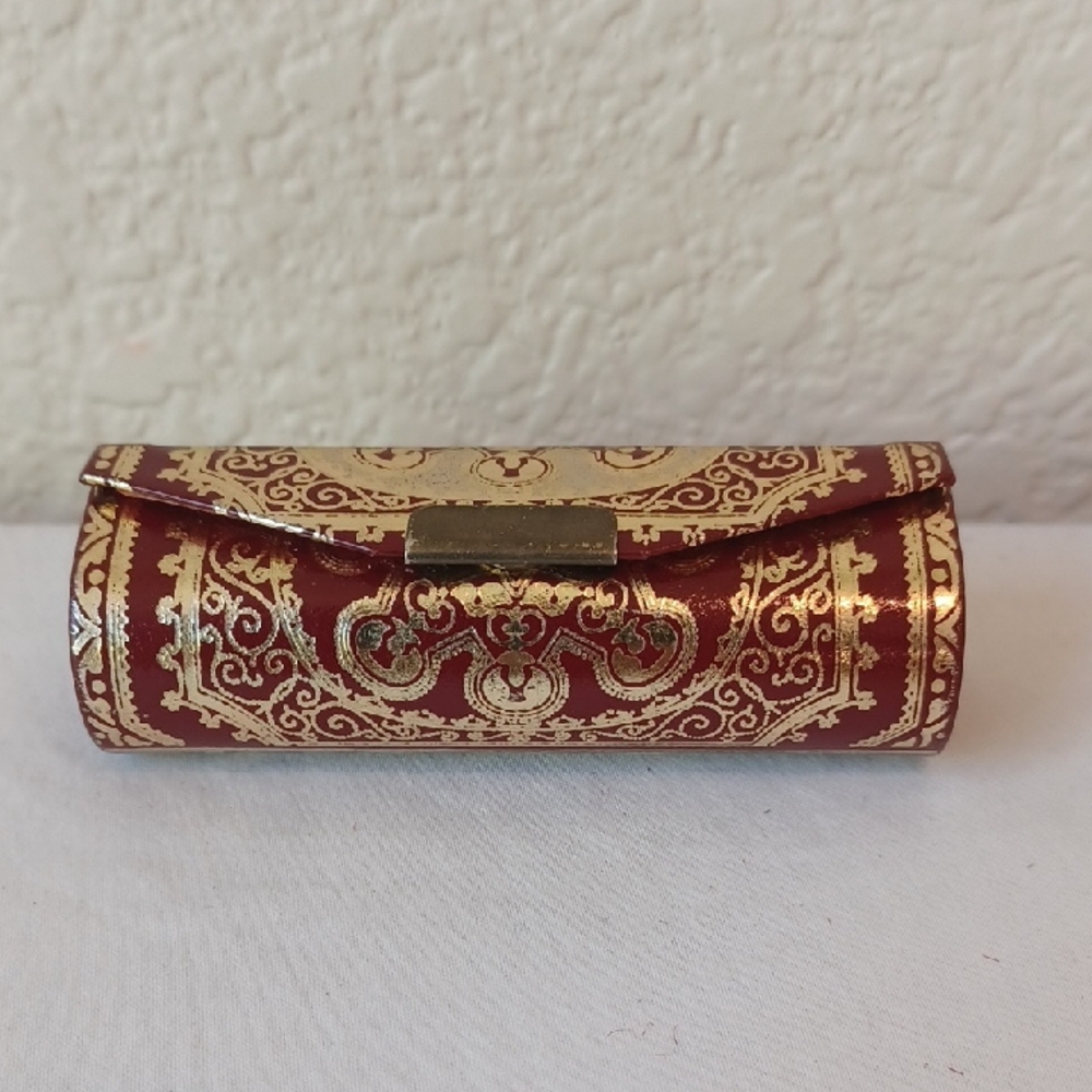 Vintage Italian Lipstick Case Holder with Mirror and Snap Closure, Red & Gold